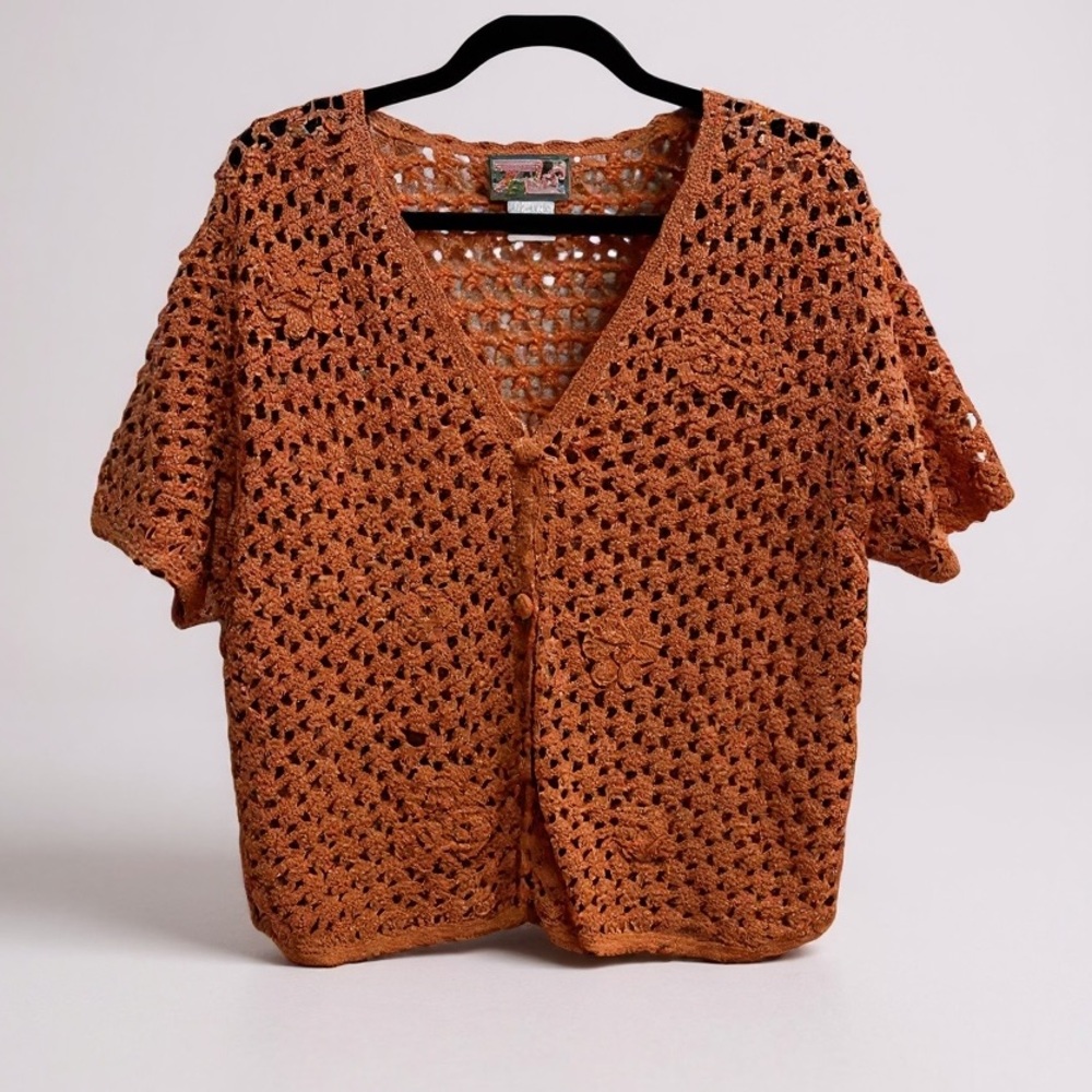 Vintage April Cornell Crocheted Cardigan in Muted Coral